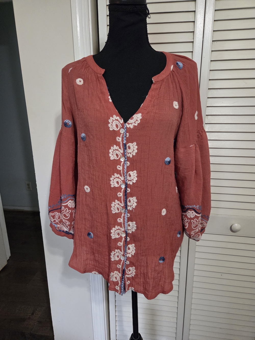 Embroidered Rust Blouse with Blue Accents